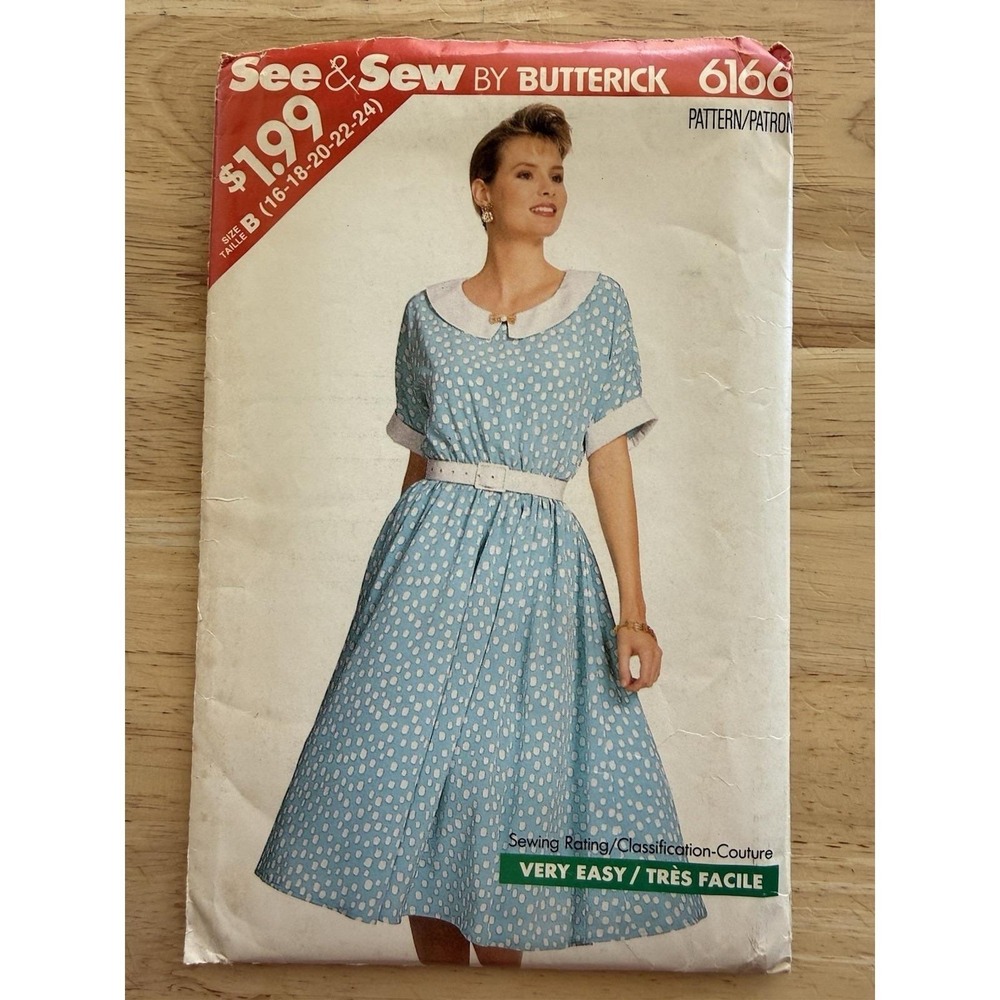 BUTTERICK‎ 6166 See Sew Pattern VTG 80s Dress Midi Blouson Flare Zip 16-24 UC FF